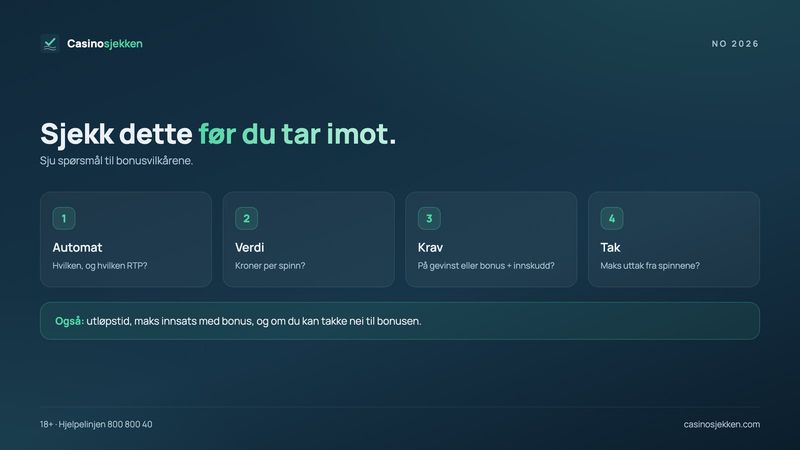 Sjekkliste for gratis spinn: automat og RTP, spinnverdi, omsetningskrav, gevinsttak, utløpstid og maks innsats